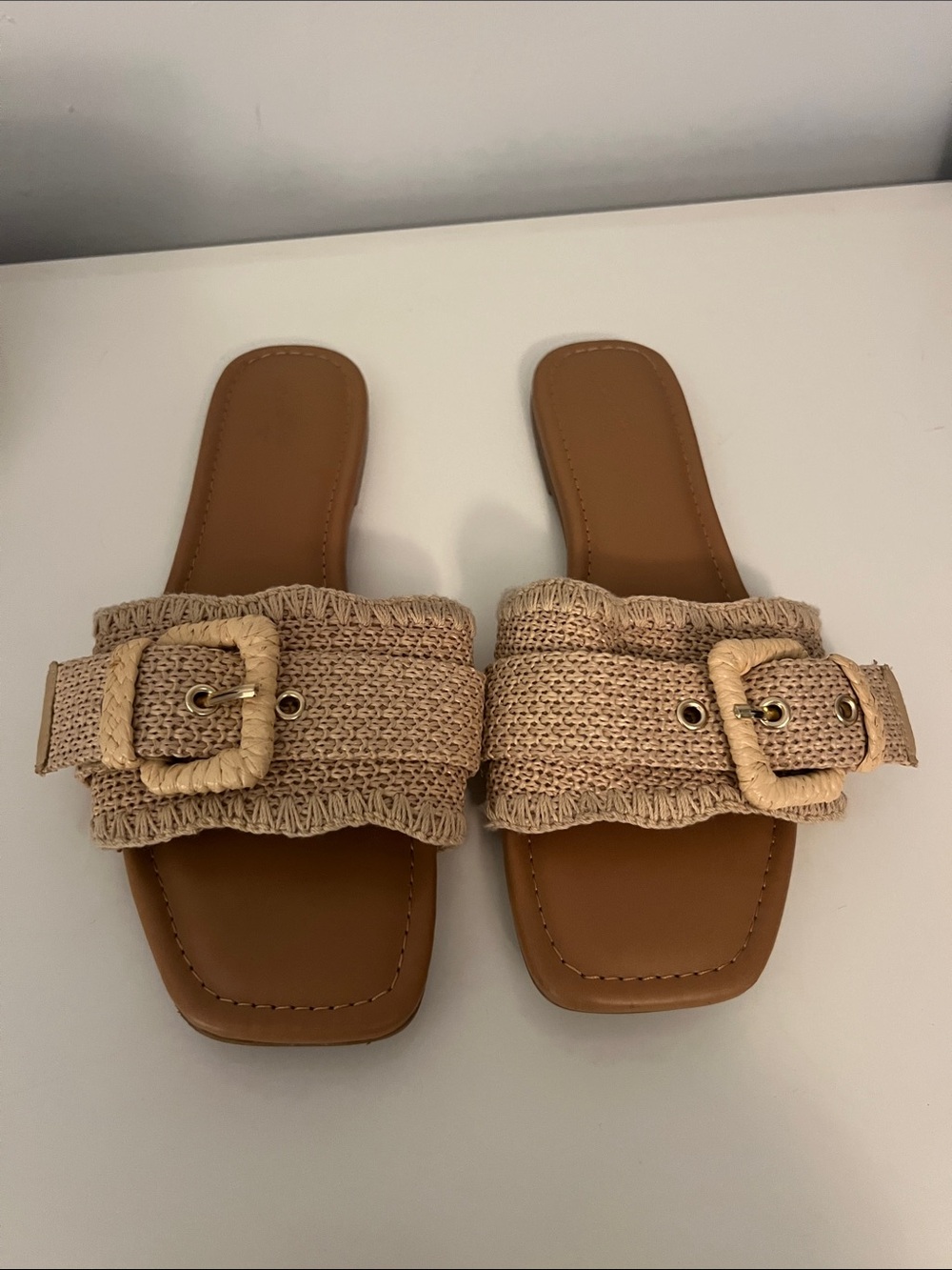 2/$7 Woven Buckle Slide Sandals in Natural Beige
